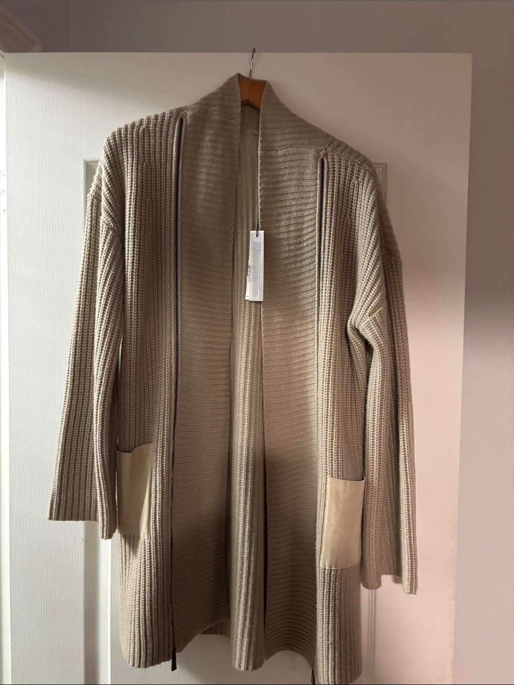 Elie Tahari Long Open-Front Ribbed Cardigan in Taupe. NYT